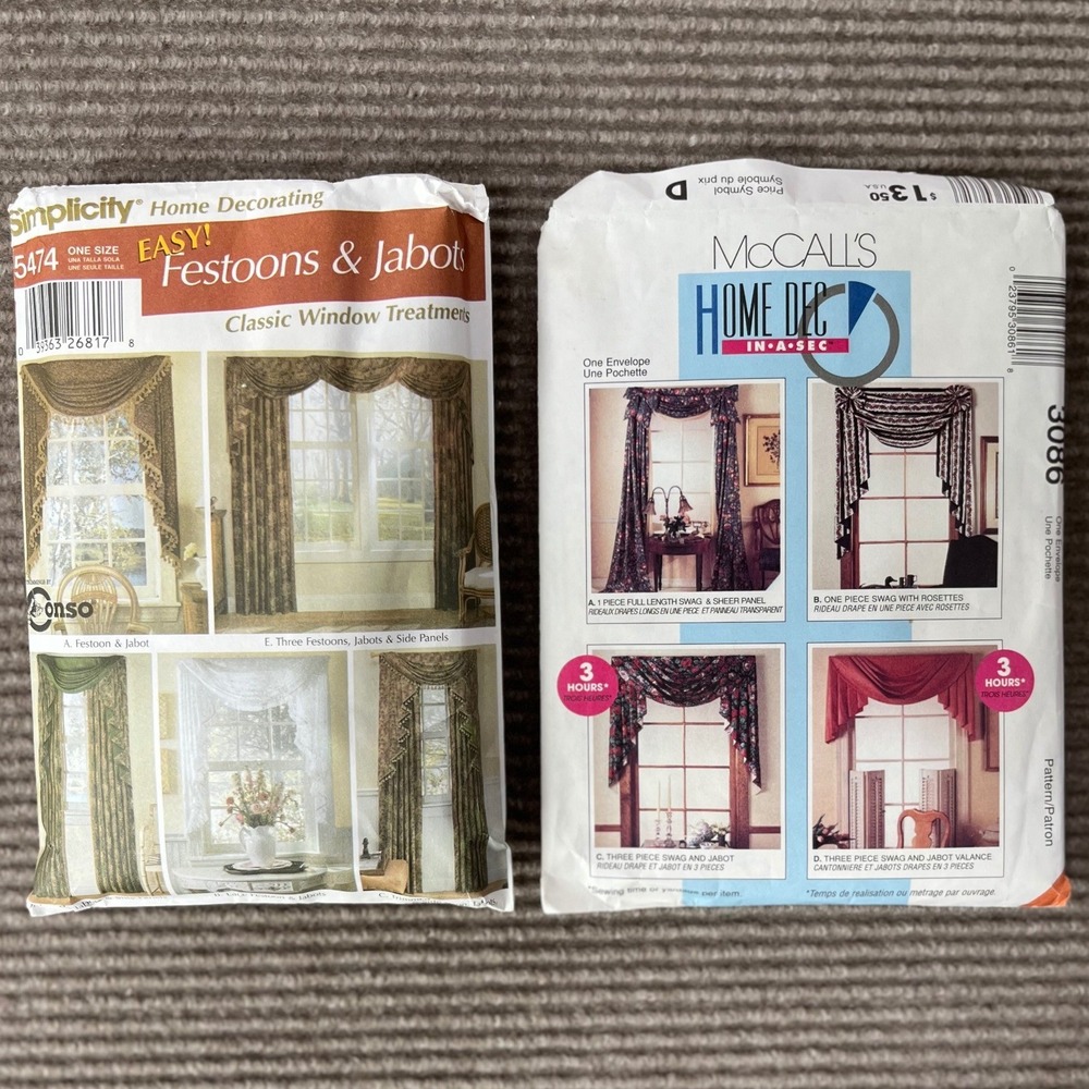 Vintage Simplicity 5474 McCalls 3086 Window Treatment Sewing Patterns Swag Jabot